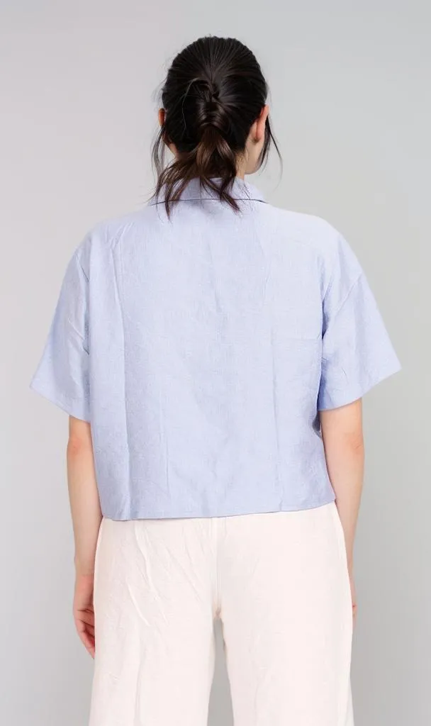 O204333 - Cropped Linen Button-Up Shirt - Light Blue