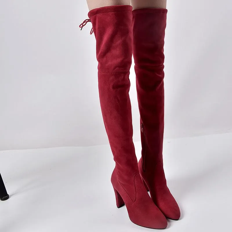 Over the knee heeled boots elastic suede long boots thigh high boots