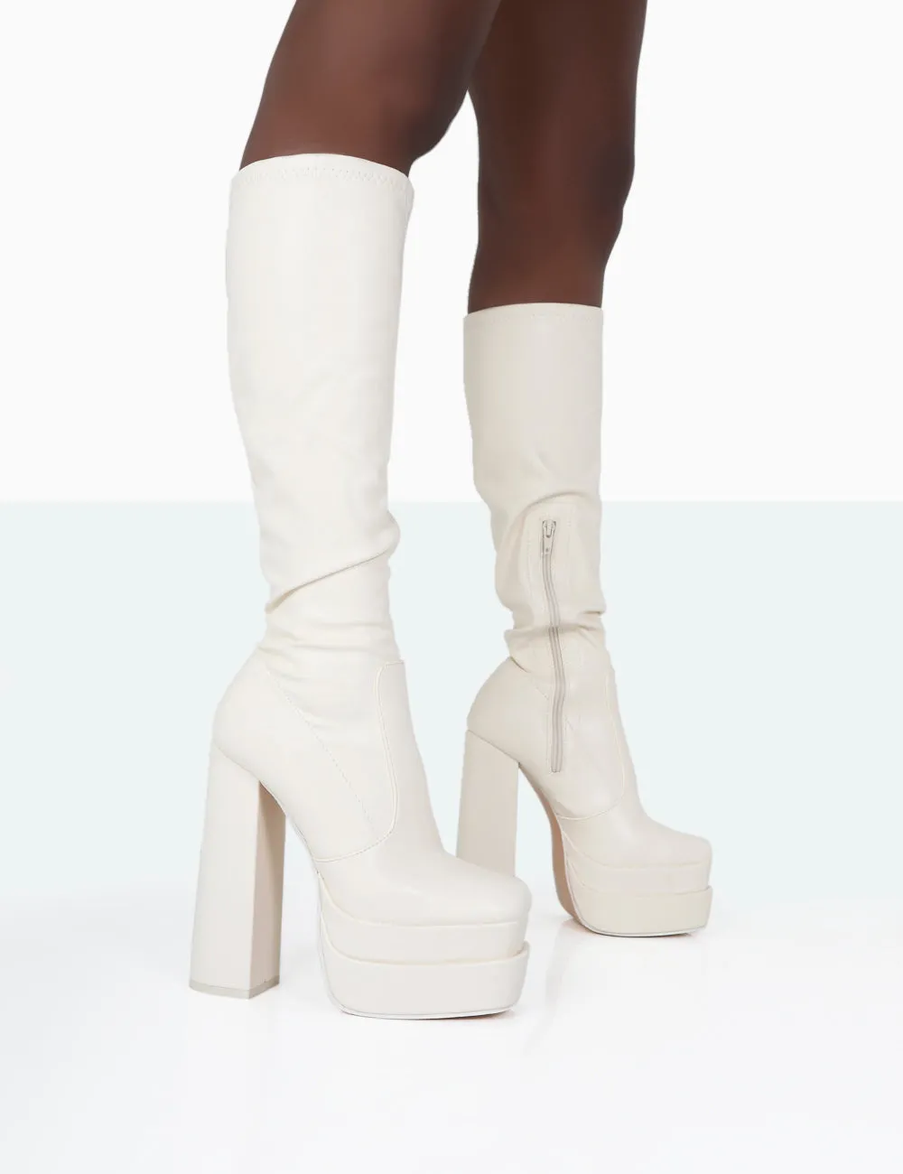 Passive Ecru PU Square Toe Platform Block High Heel Over The Knee Boots