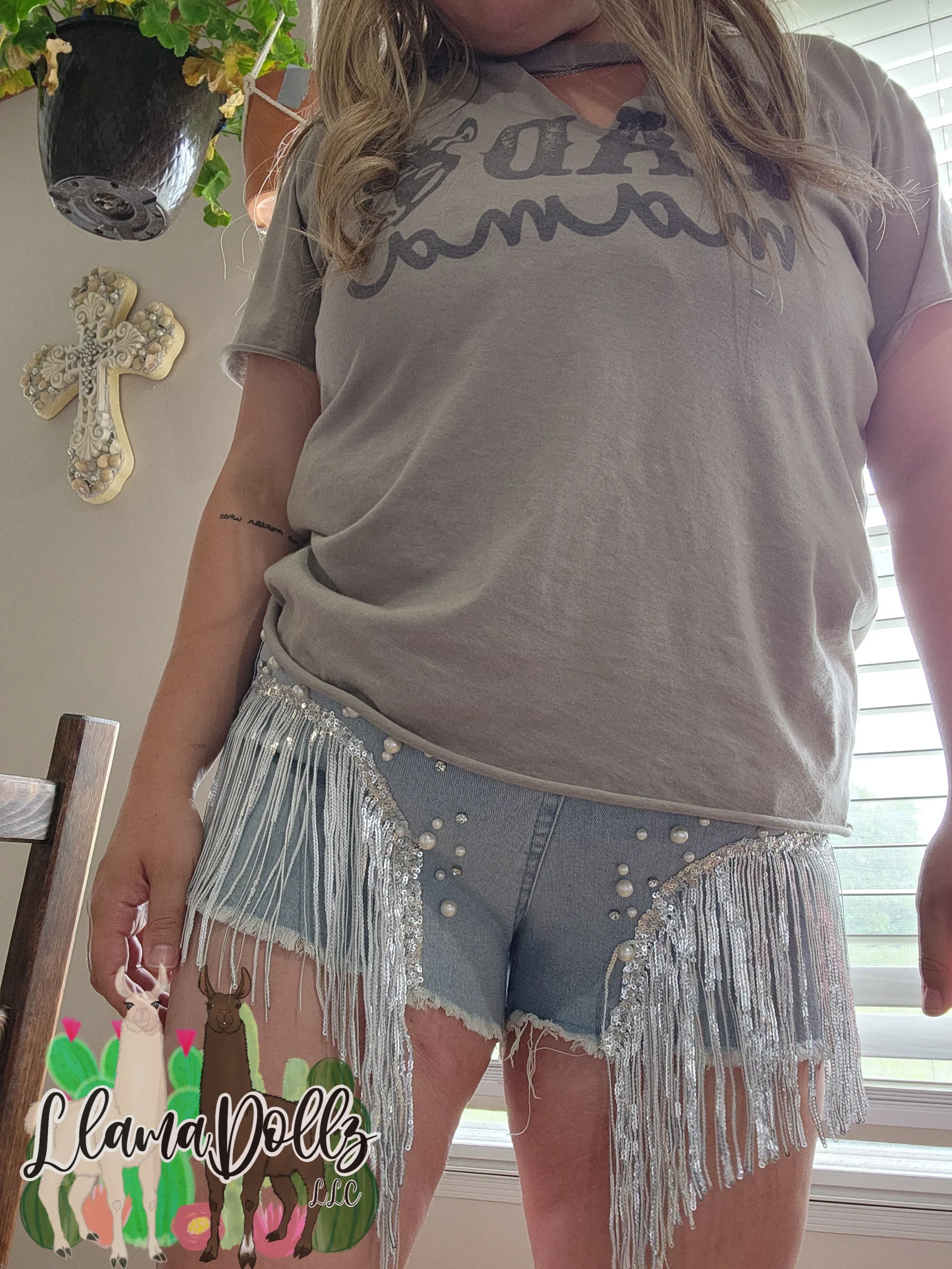Pearl Fringe Denim Shorts