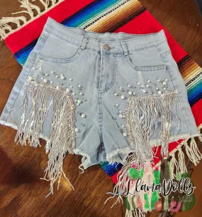 Pearl Fringe Denim Shorts