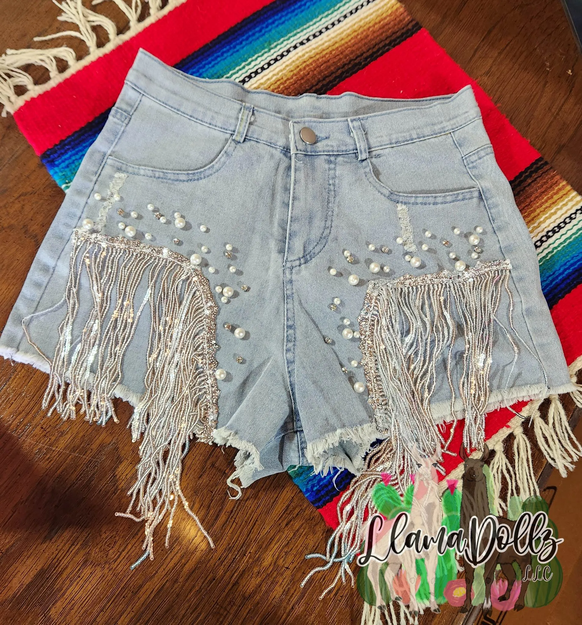 Pearl Fringe Denim Shorts