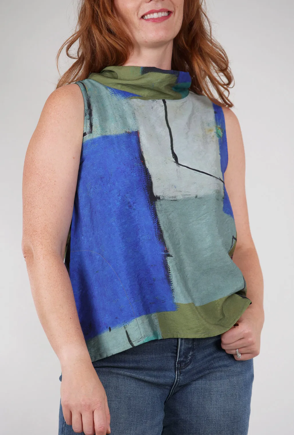 Print Cowl Tank, Indigo/Gray