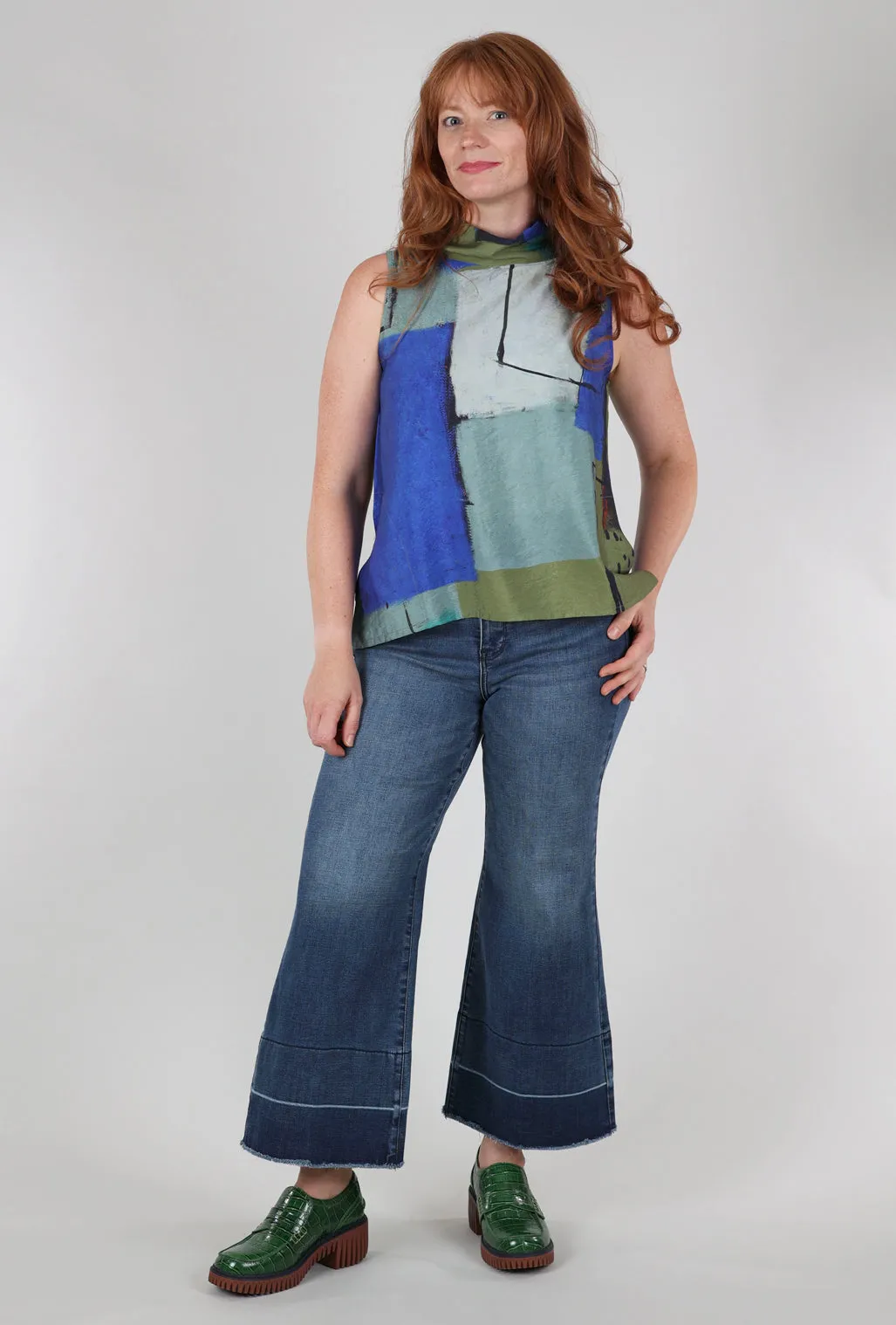 Print Cowl Tank, Indigo/Gray