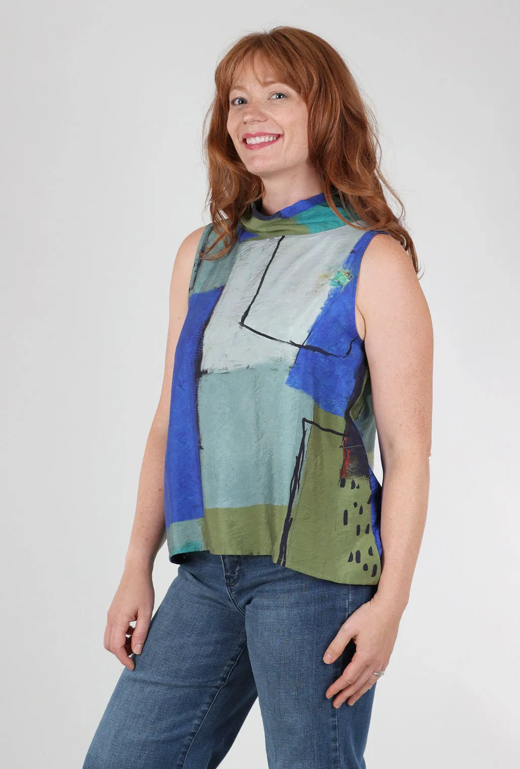 Print Cowl Tank, Indigo/Gray