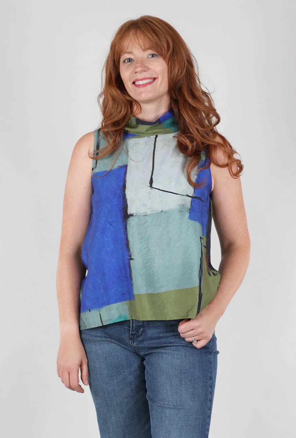Print Cowl Tank, Indigo/Gray