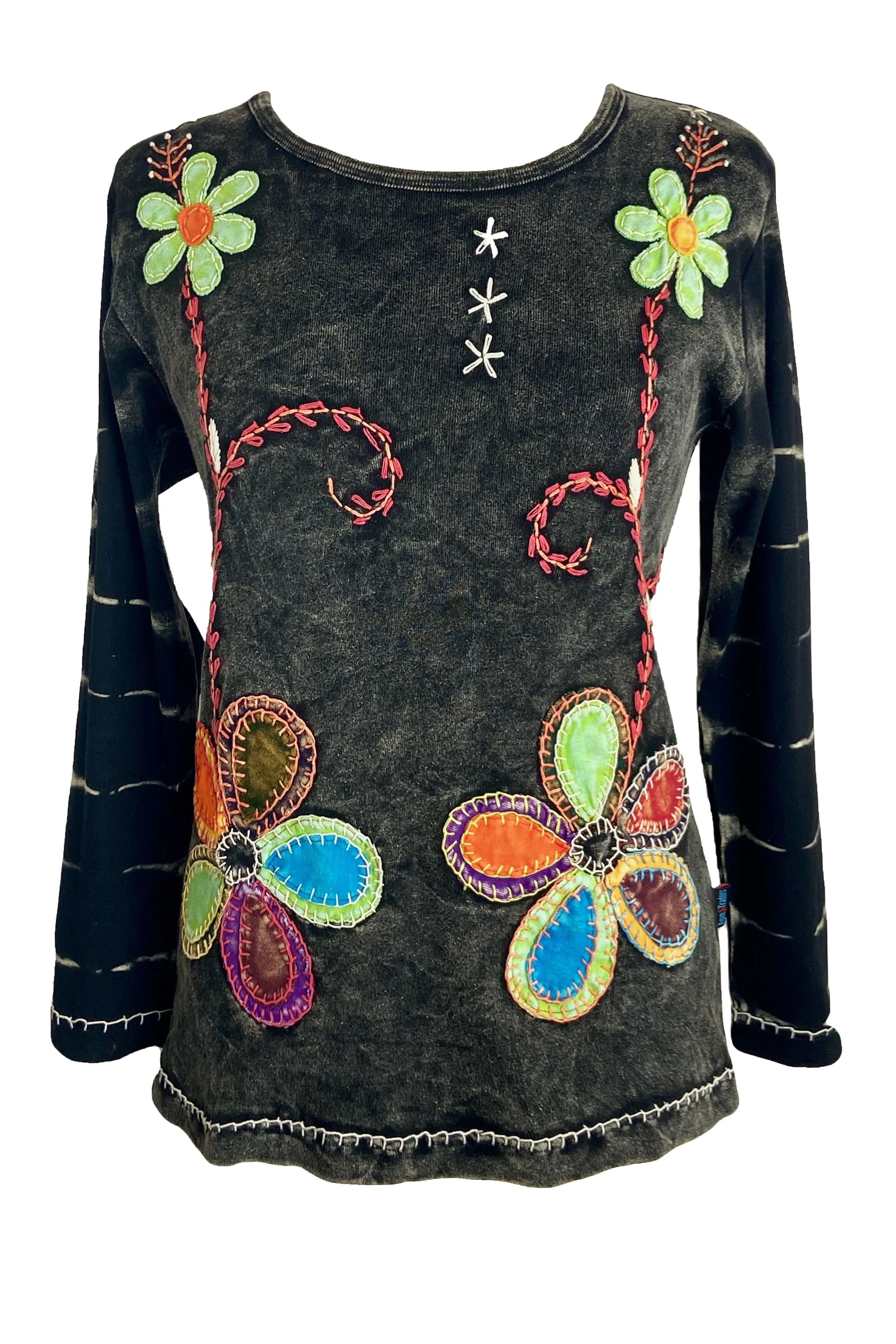 R 263 Denim Distressed Patched Floral Embroidered Boho Blouse