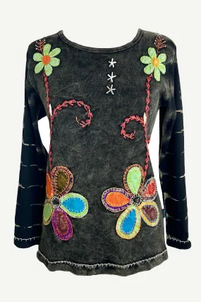 R 263 Denim Distressed Patched Floral Embroidered Boho Blouse