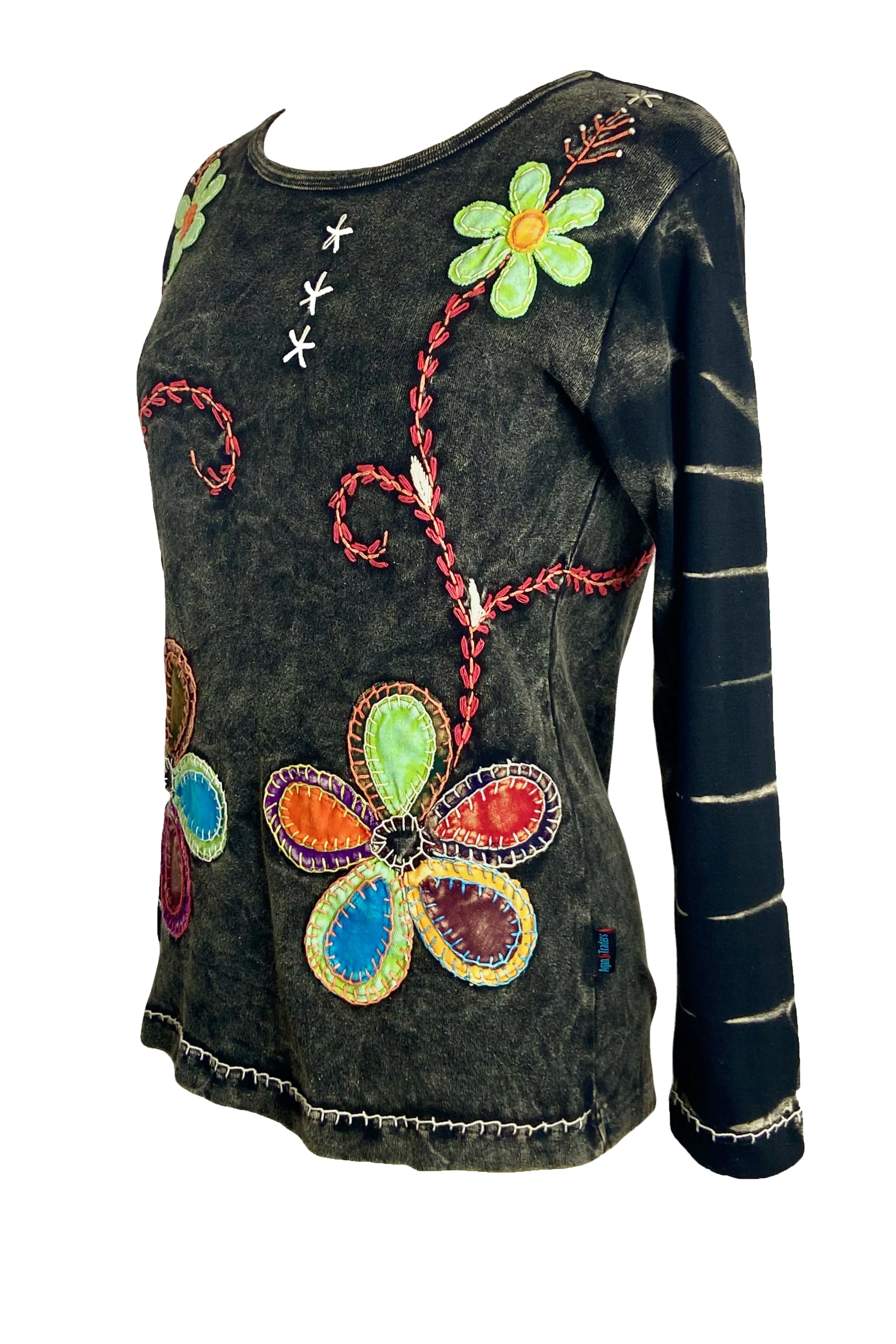 R 263 Denim Distressed Patched Floral Embroidered Boho Blouse