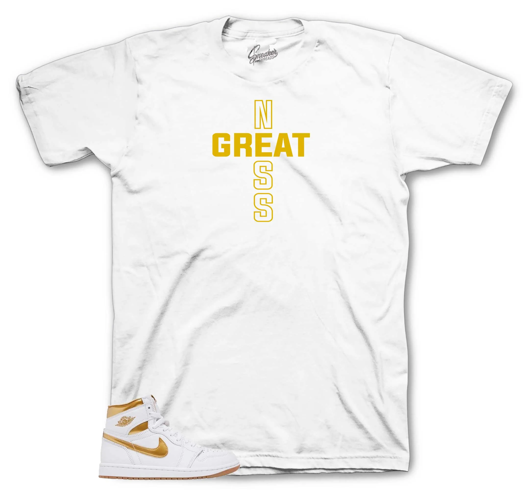 Retro 1 White Metallic Gold Greatness Cross Shirt