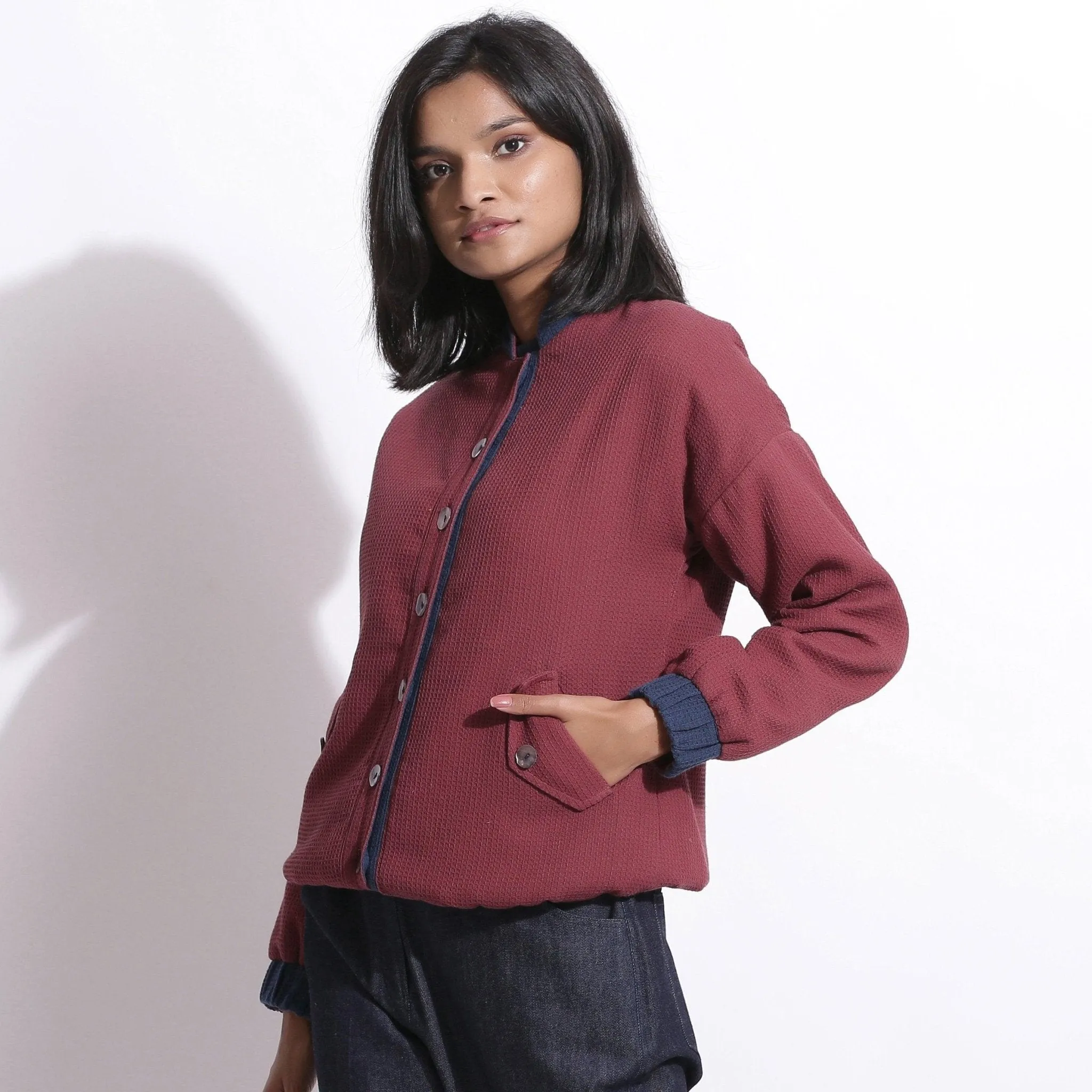 Reversible Blue Red Warm Cotton Waffle Bomber Jacket