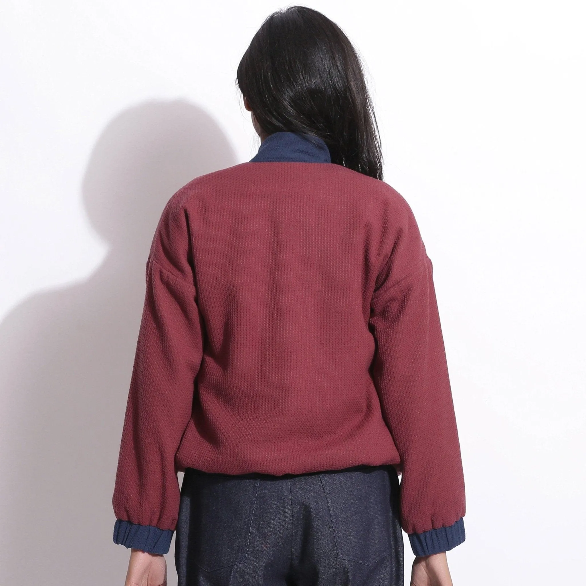 Reversible Blue Red Warm Cotton Waffle Bomber Jacket