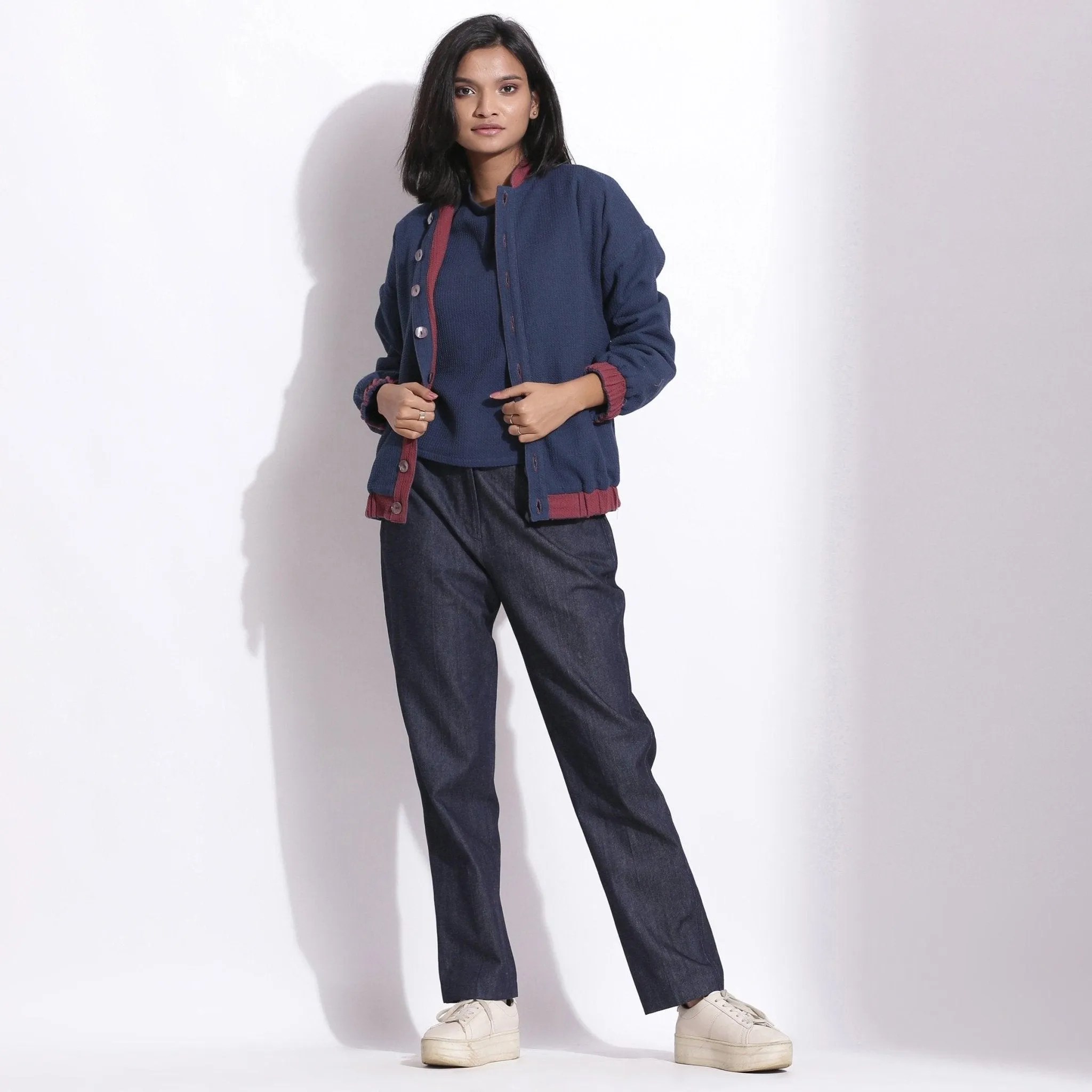 Reversible Blue Red Warm Cotton Waffle Bomber Jacket