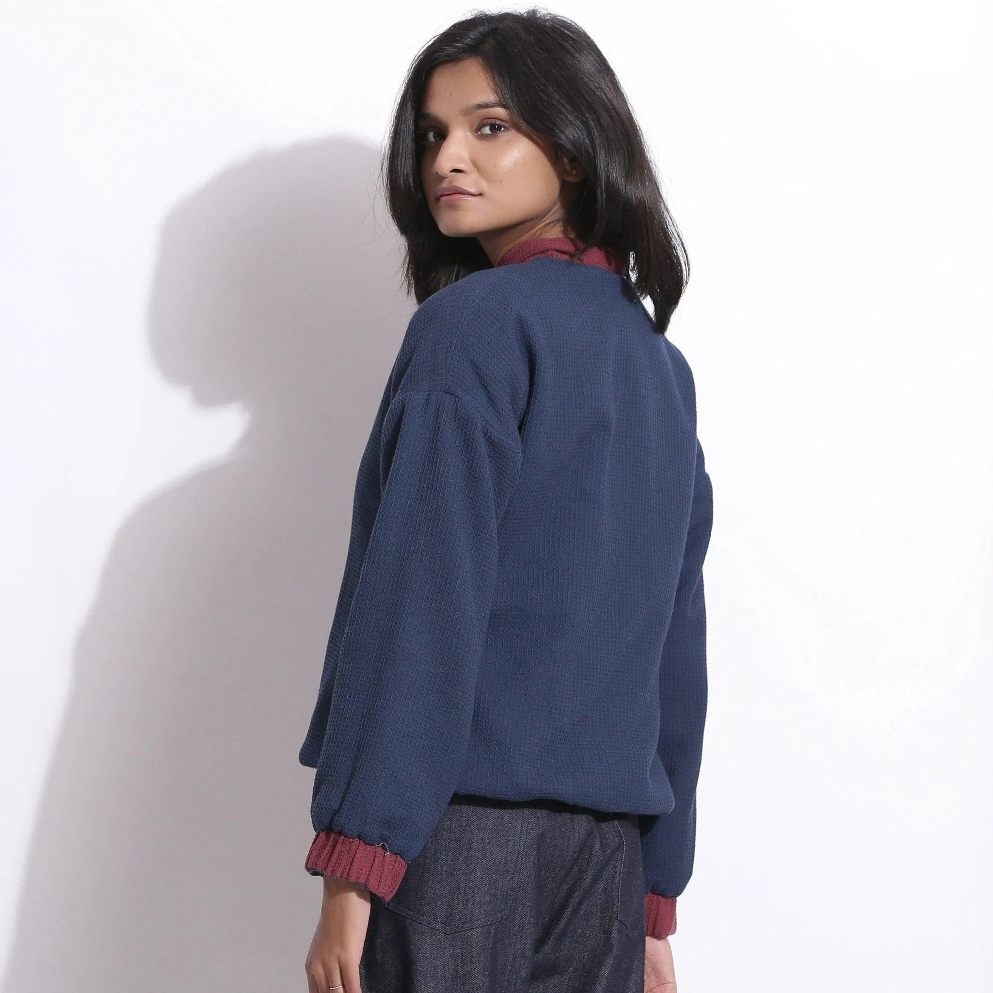 Reversible Blue Red Warm Cotton Waffle Bomber Jacket