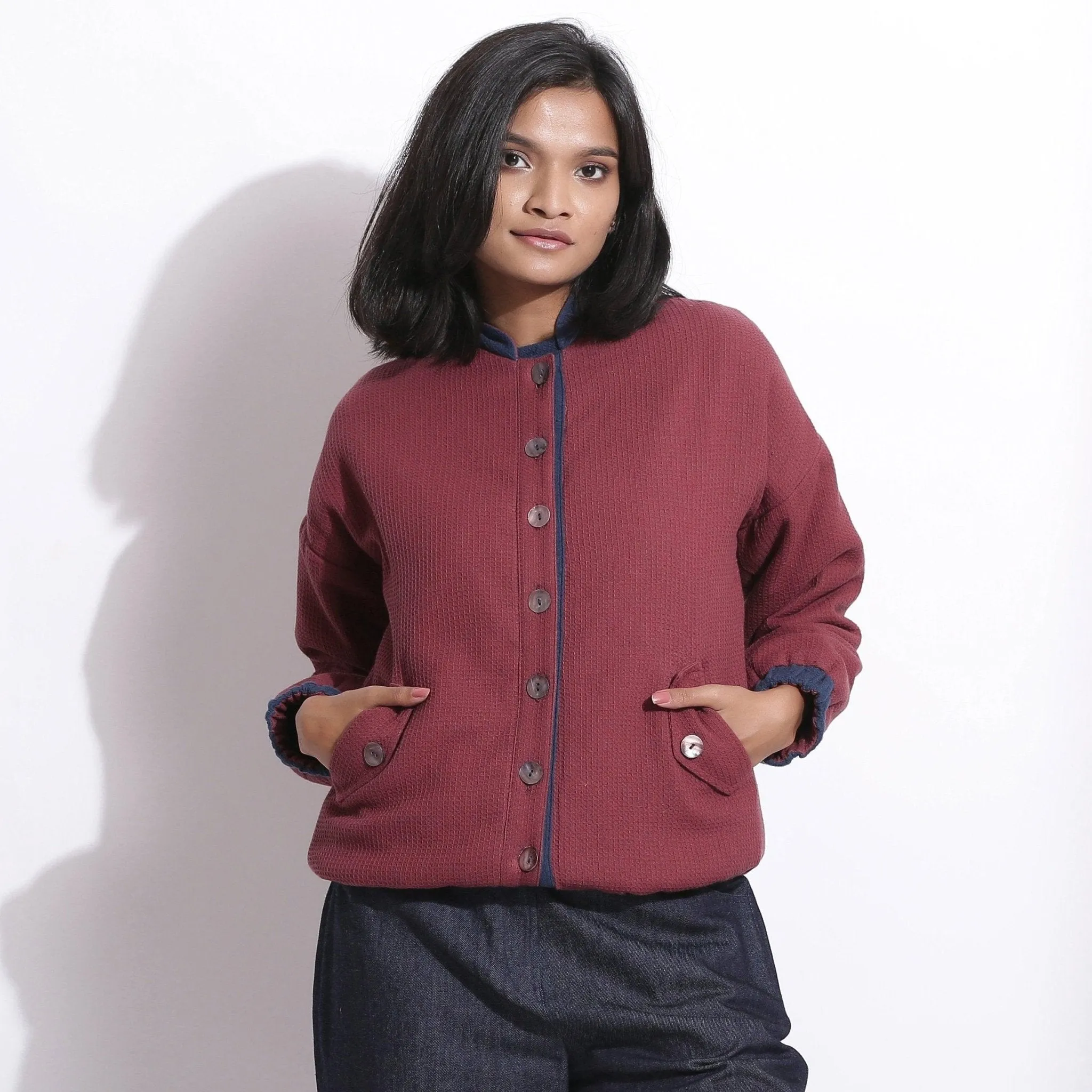 Reversible Blue Red Warm Cotton Waffle Bomber Jacket
