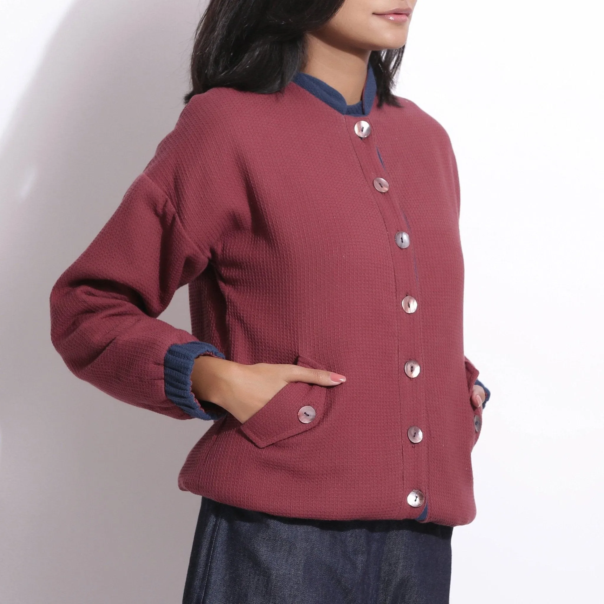 Reversible Blue Red Warm Cotton Waffle Bomber Jacket