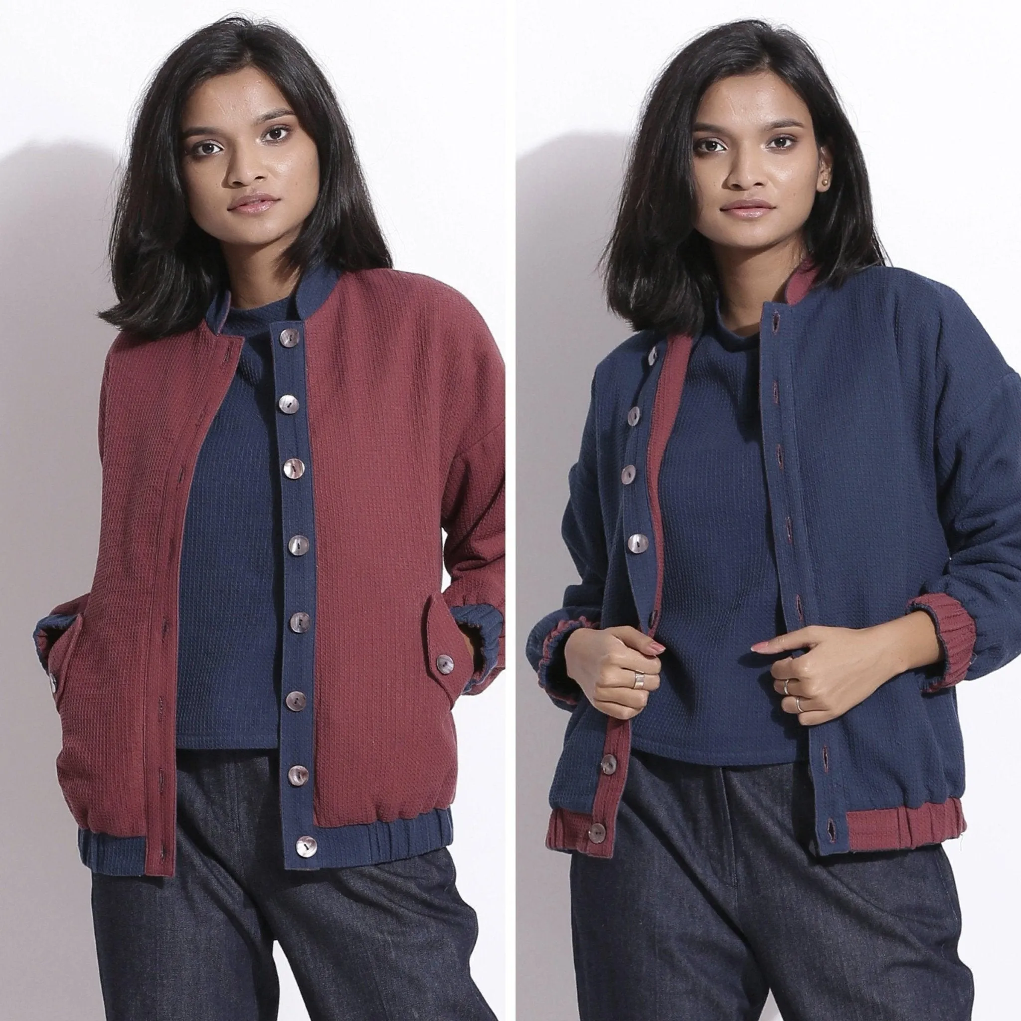 Reversible Blue Red Warm Cotton Waffle Bomber Jacket