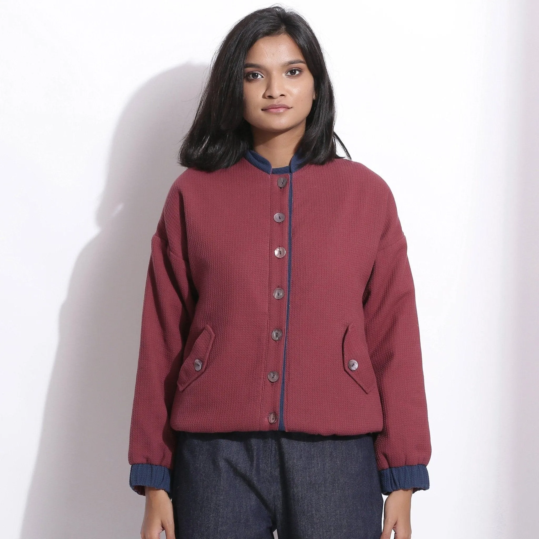Reversible Blue Red Warm Cotton Waffle Bomber Jacket