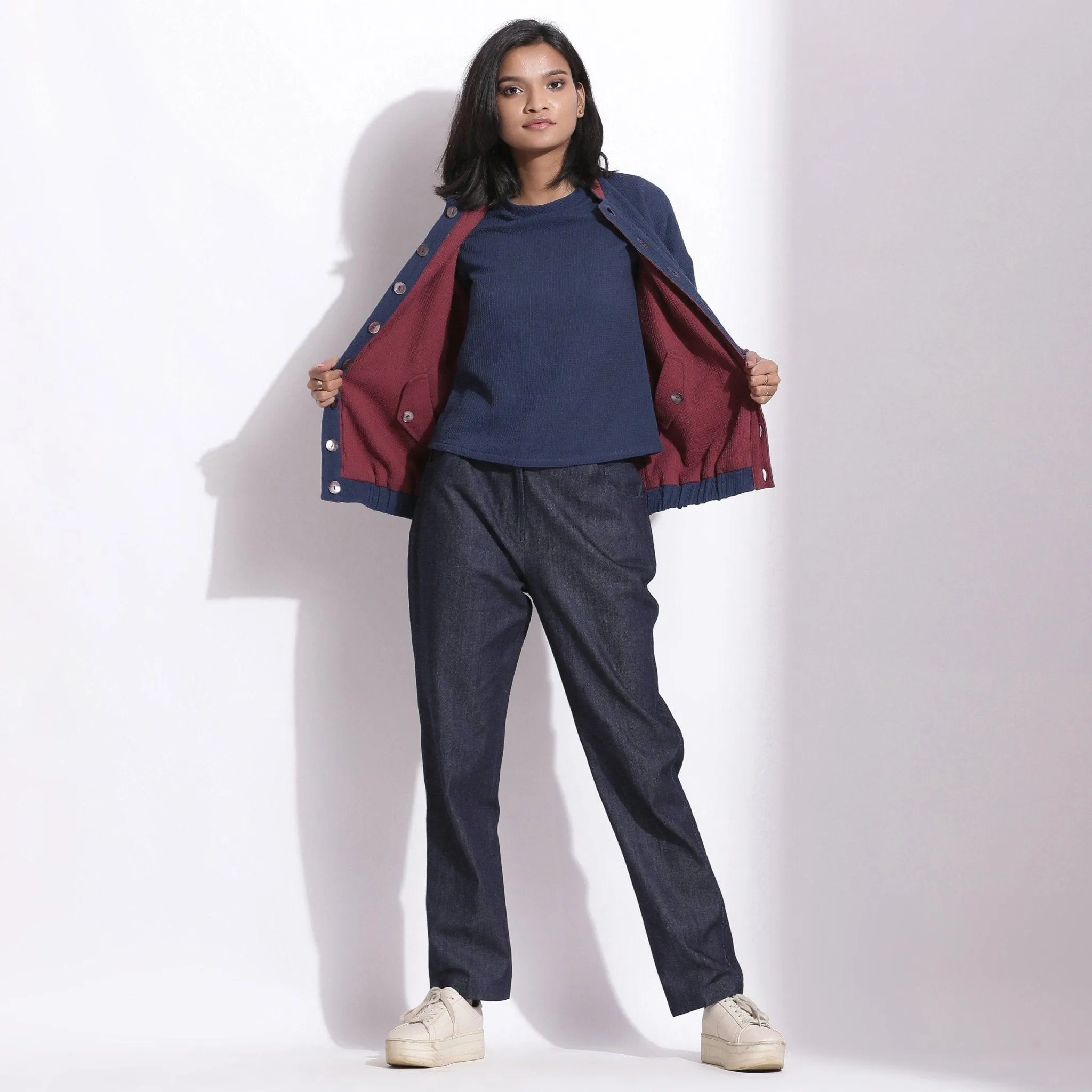 Reversible Blue Red Warm Cotton Waffle Bomber Jacket
