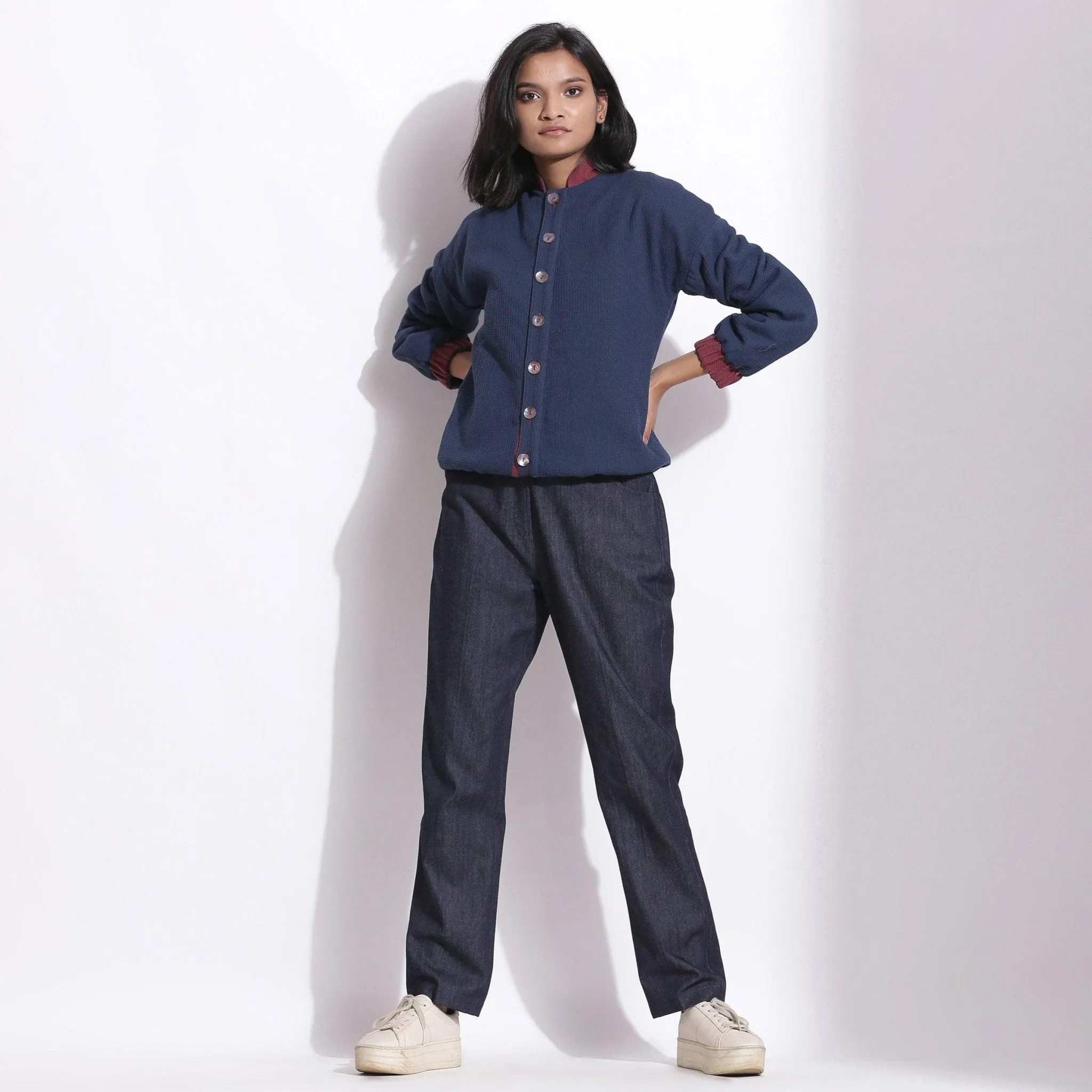 Reversible Blue Red Warm Cotton Waffle Bomber Jacket