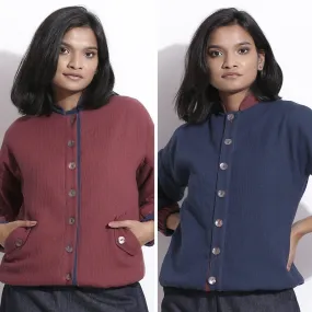 Reversible Blue Red Warm Cotton Waffle Bomber Jacket