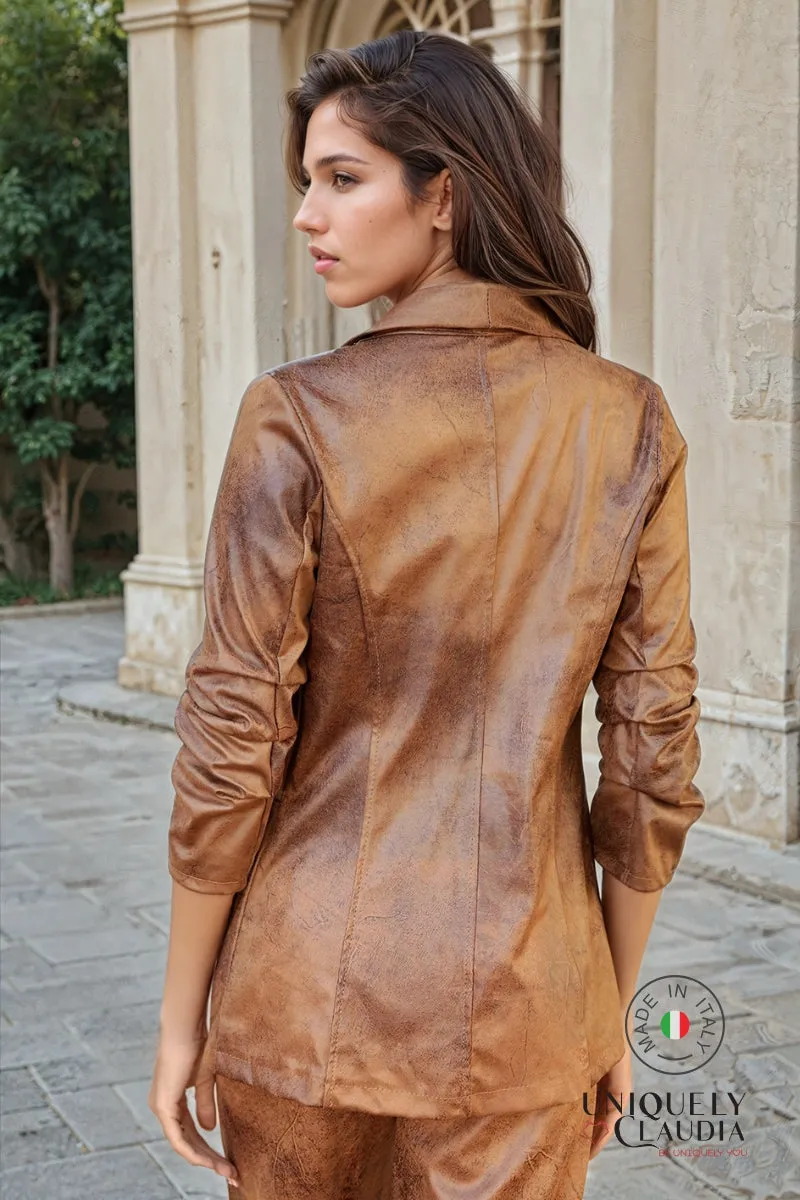 Rossana 3/4 Ruched Sleeve Faux Stonewash Suede Blazer