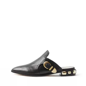 Schutz Aleeza Flat Sandal Black Slip-on Pointed Toe Jewel Accent Slide Mules