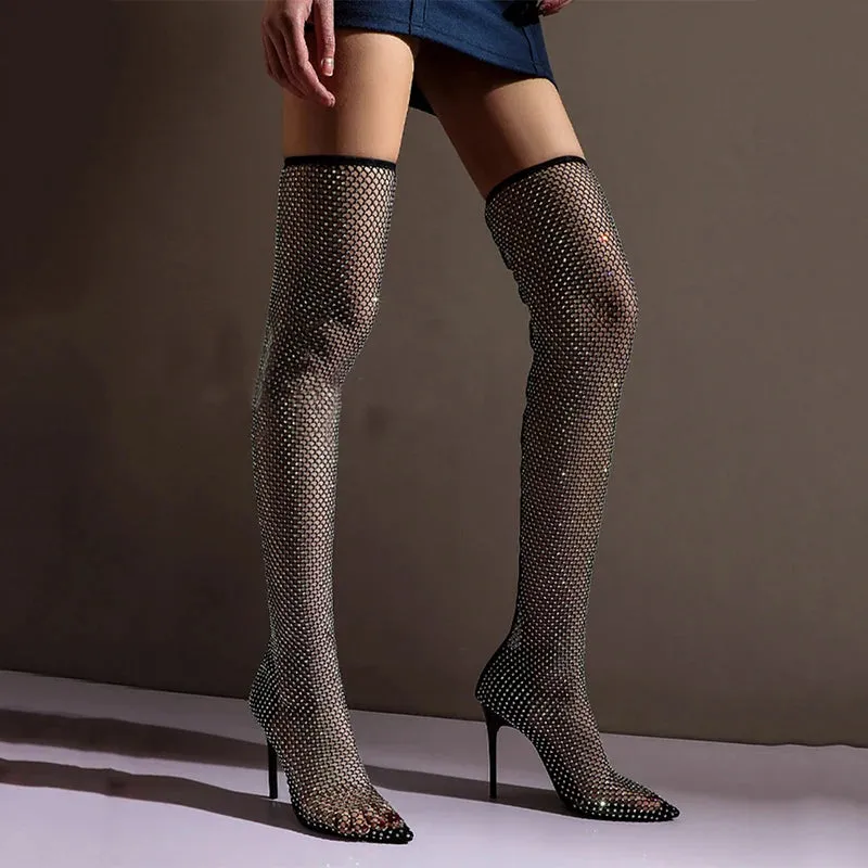 Sexy Pumps Stiletto High Heel Over Knee Mesh Sock Boots Pointed Toe Fishnet Heels Plus Size