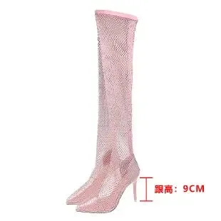 Sexy Pumps Stiletto High Heel Over Knee Mesh Sock Boots Pointed Toe Fishnet Heels Plus Size