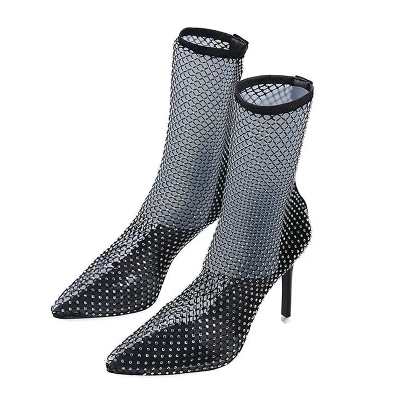 Sexy Pumps Stiletto High Heel Over Knee Mesh Sock Boots Pointed Toe Fishnet Heels Plus Size