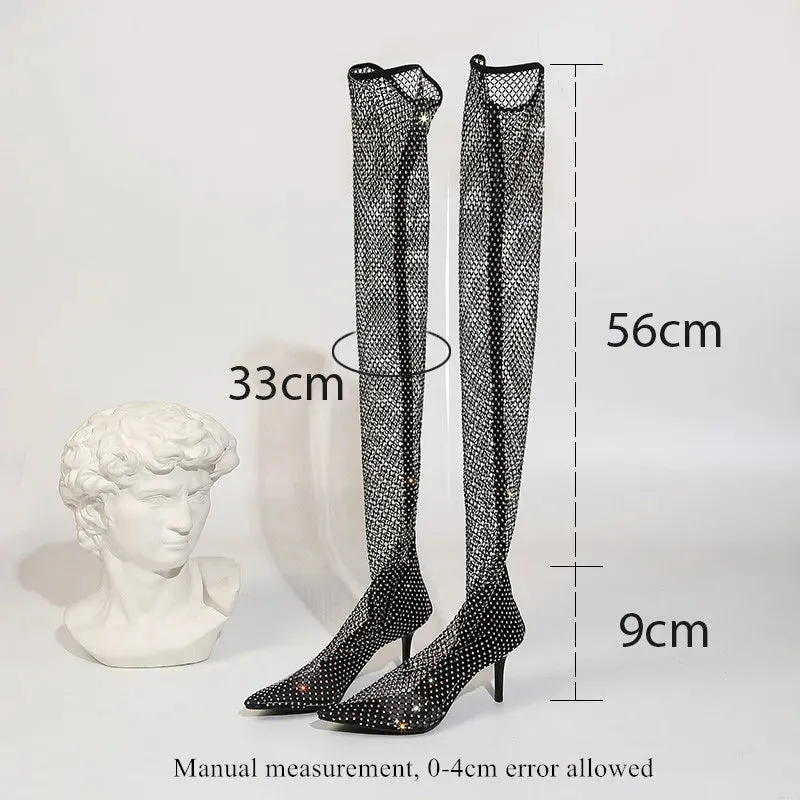 Sexy Pumps Stiletto High Heel Over Knee Mesh Sock Boots Pointed Toe Fishnet Heels Plus Size