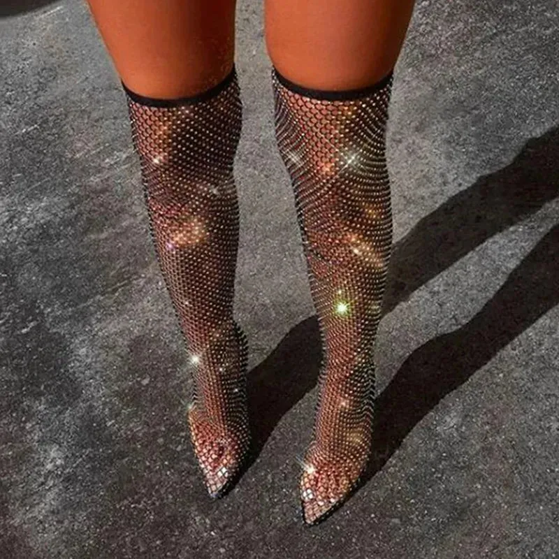 Sexy Pumps Stiletto High Heel Over Knee Mesh Sock Boots Pointed Toe Fishnet Heels Plus Size