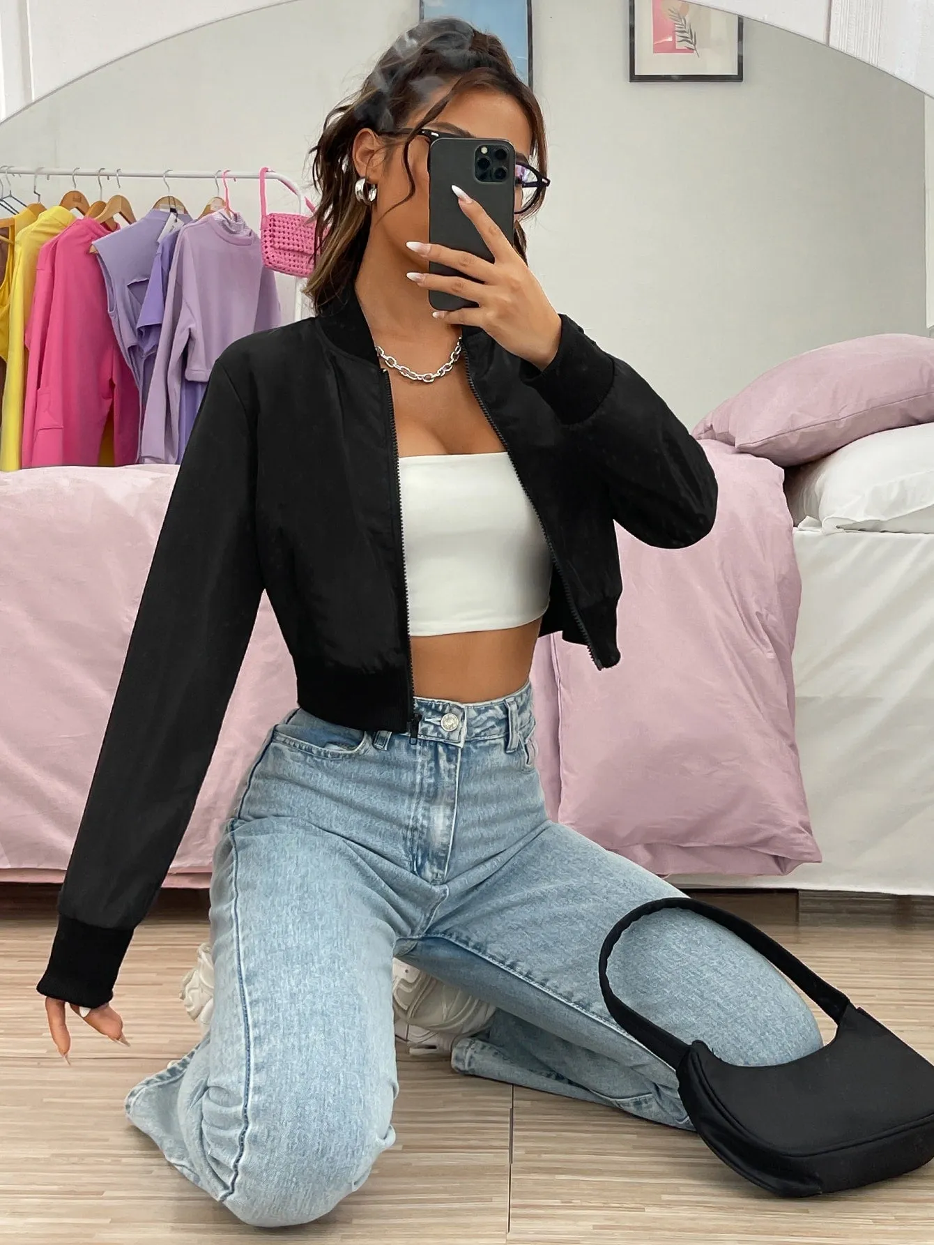 SHEIN EZwear Baseball Collar Zip Up Crop Bomber Jacket