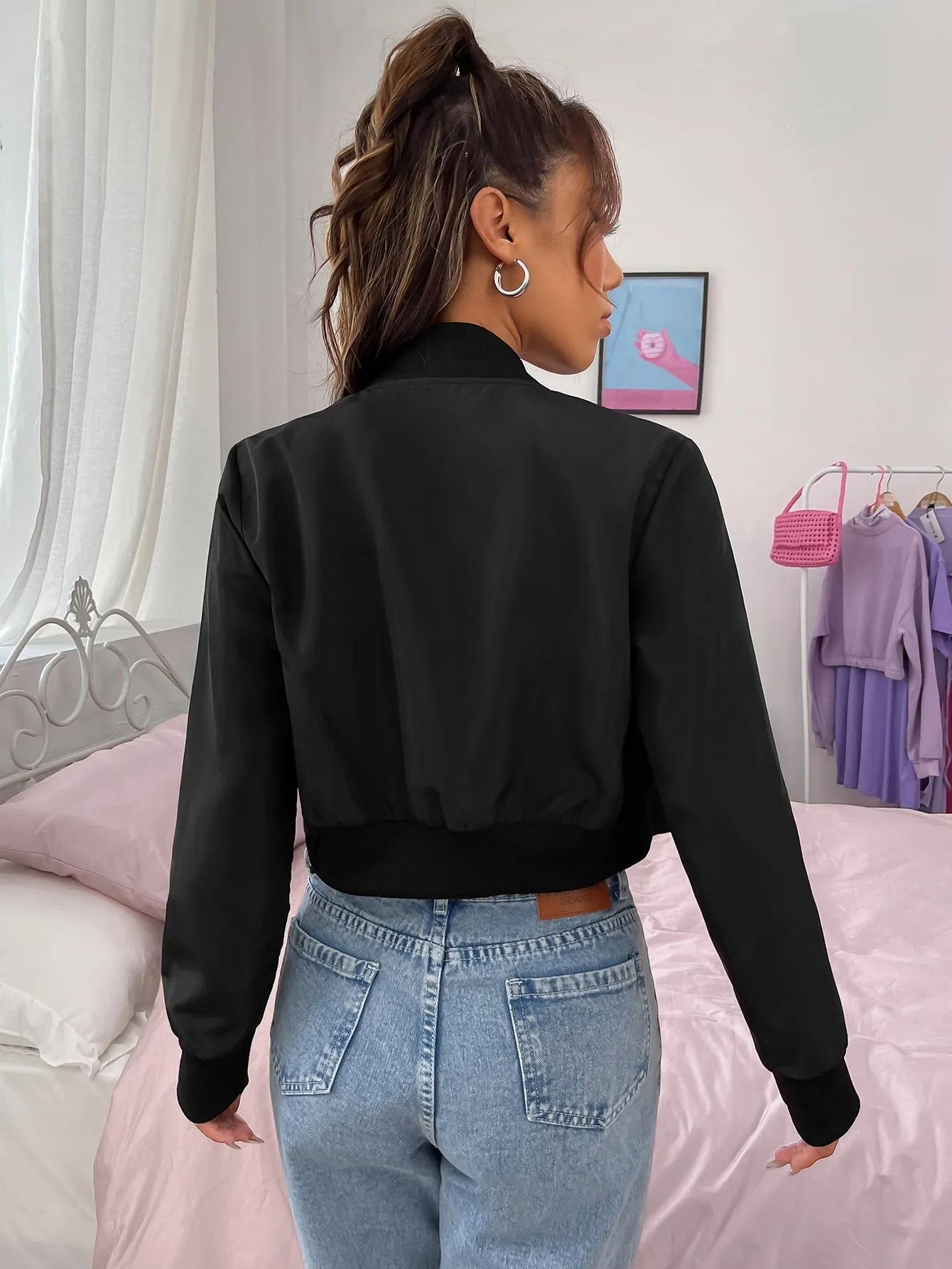 SHEIN EZwear Baseball Collar Zip Up Crop Bomber Jacket