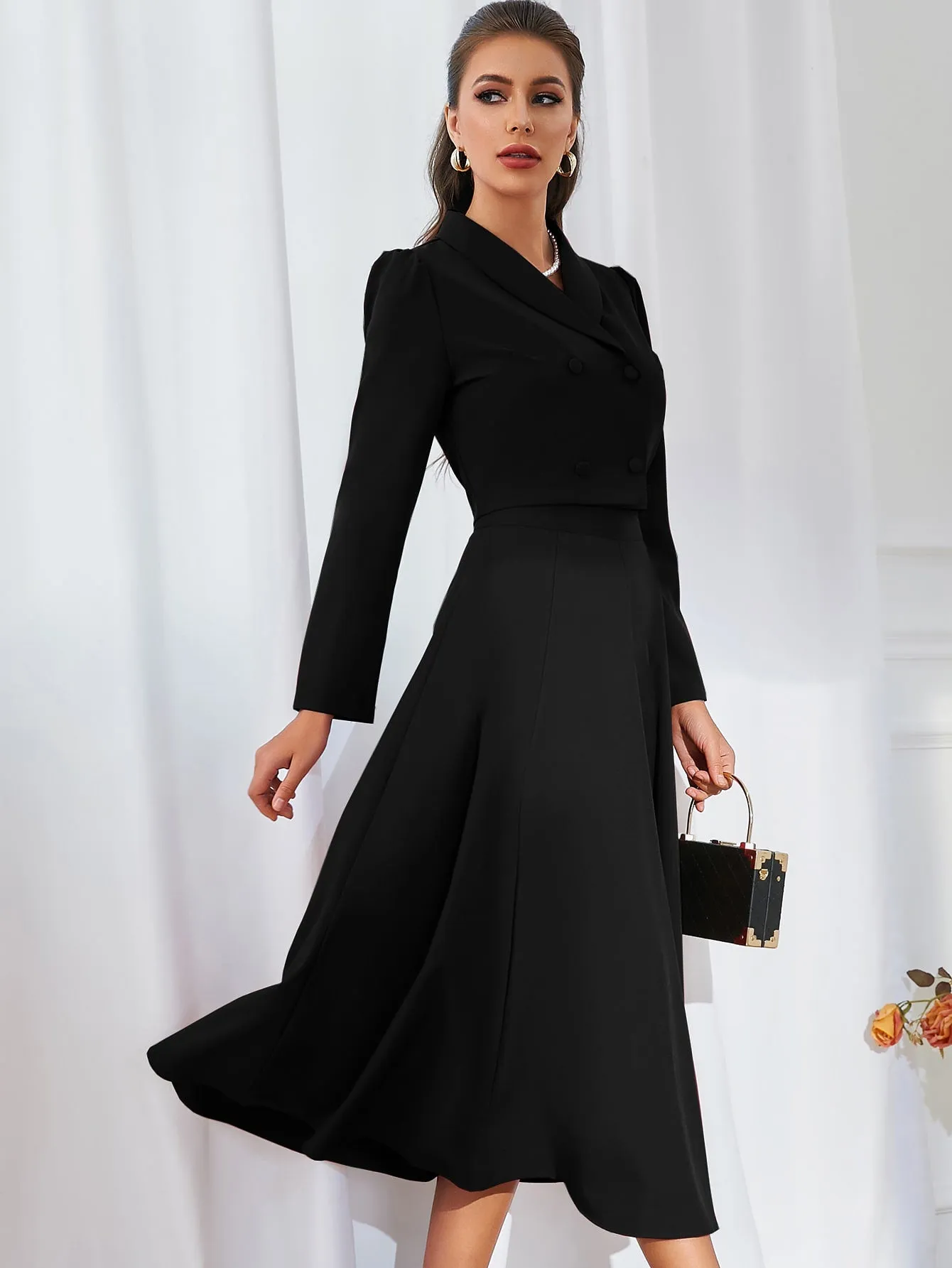 SHEIN Modely Solid Double Breasted Shawl Collar Blazer & Skirt
