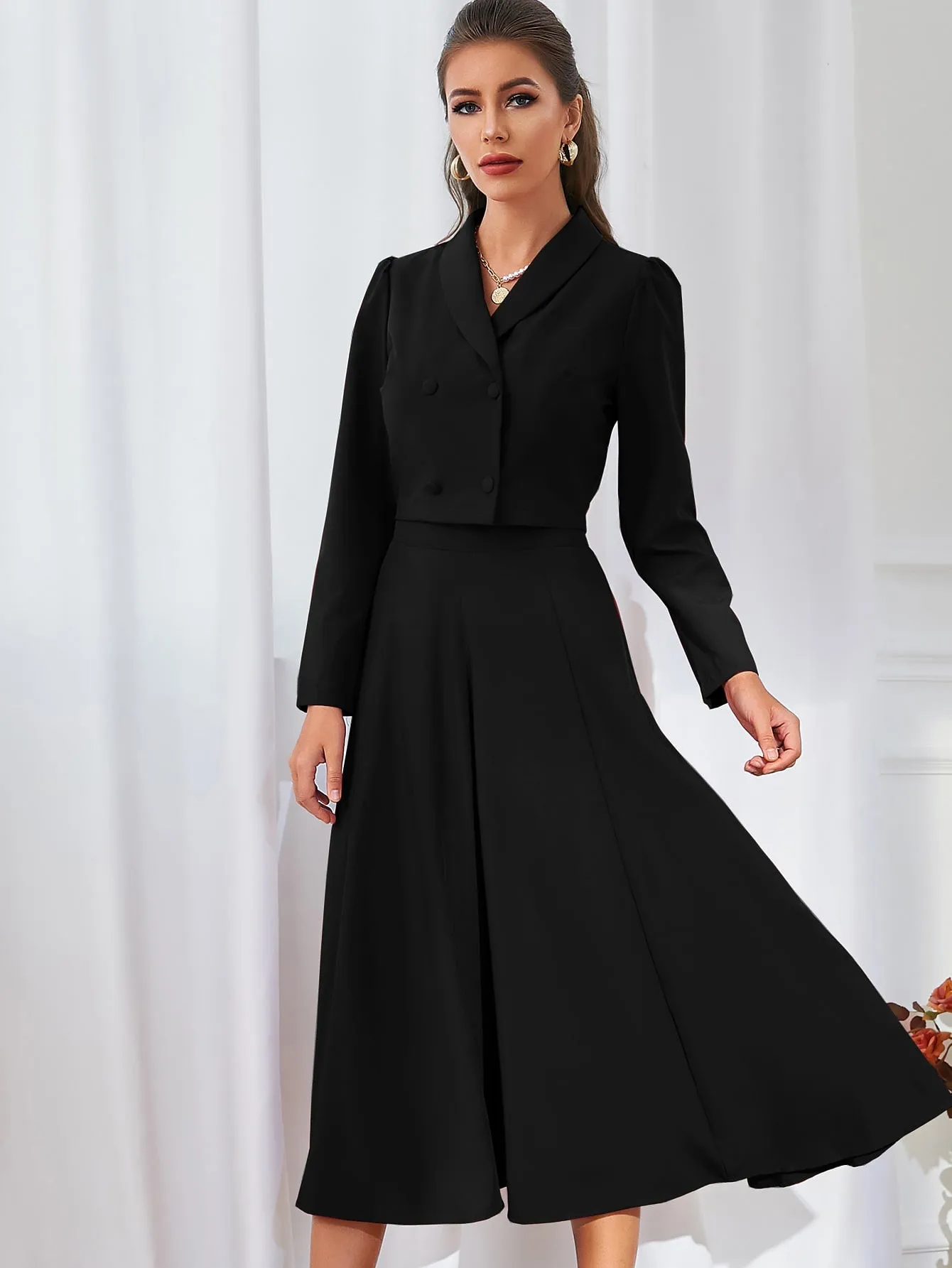 SHEIN Modely Solid Double Breasted Shawl Collar Blazer & Skirt