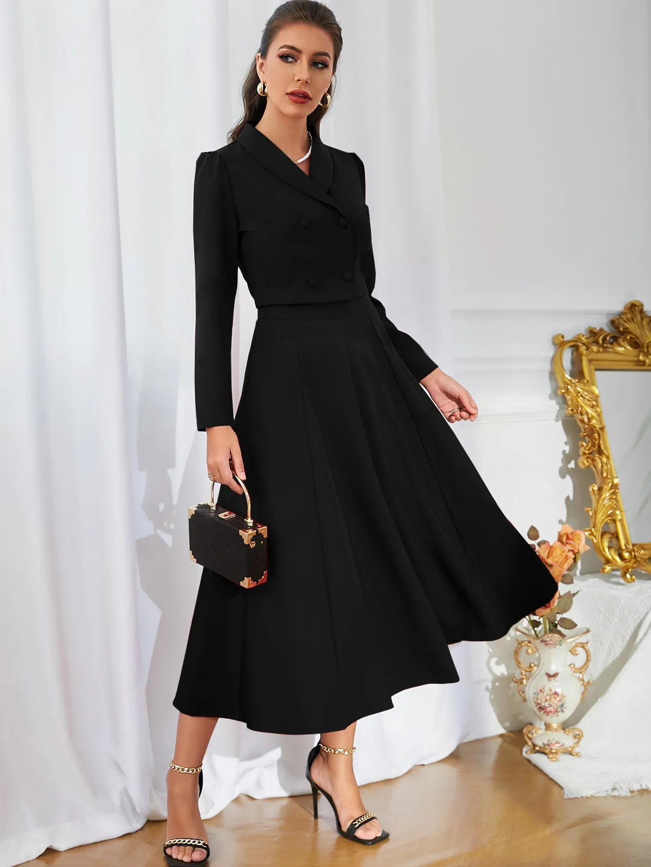 SHEIN Modely Solid Double Breasted Shawl Collar Blazer & Skirt