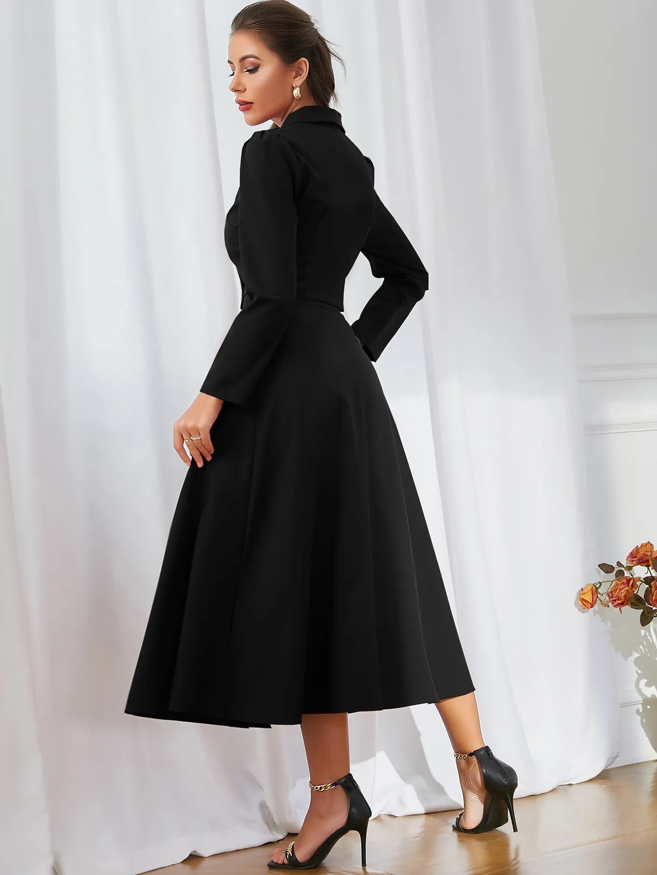SHEIN Modely Solid Double Breasted Shawl Collar Blazer & Skirt