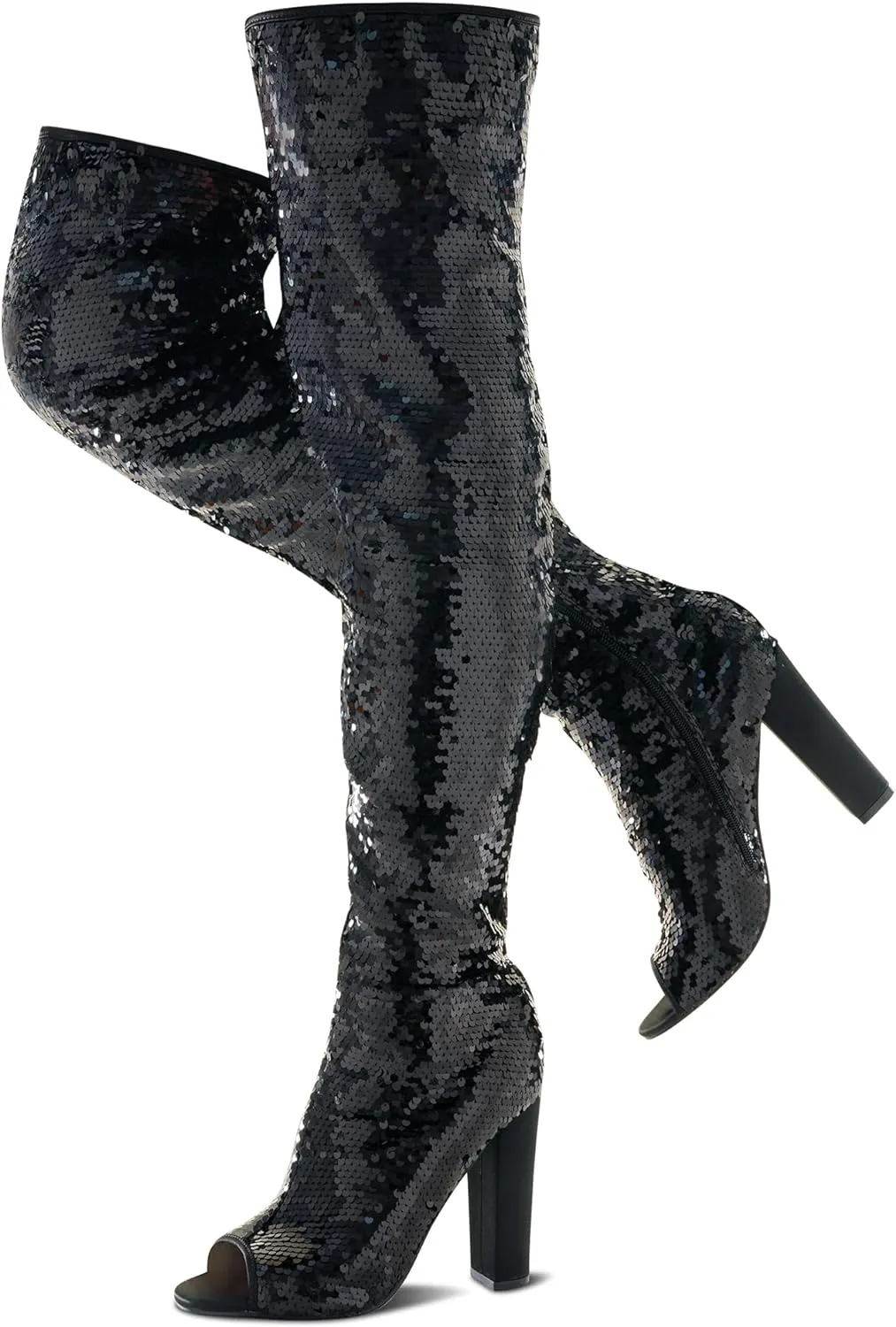Sparkling Silver Sequin Thigh High Over The Knee Boots