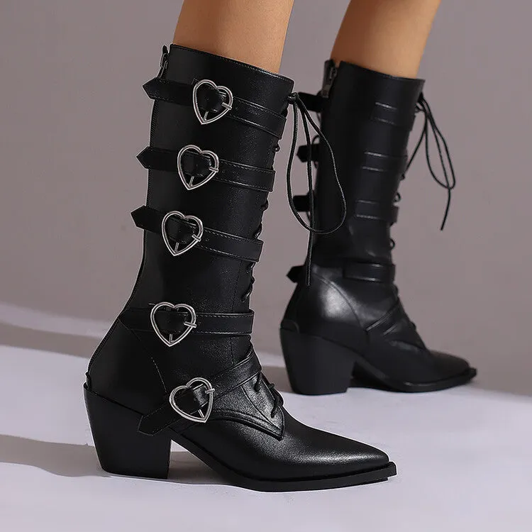 Tillbuy Heart Buckle Knee High Boots