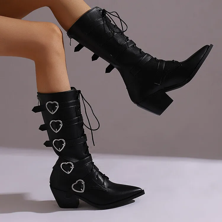 Tillbuy Heart Buckle Knee High Boots