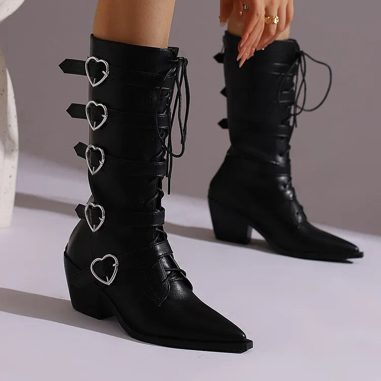 Tillbuy Heart Buckle Knee High Boots