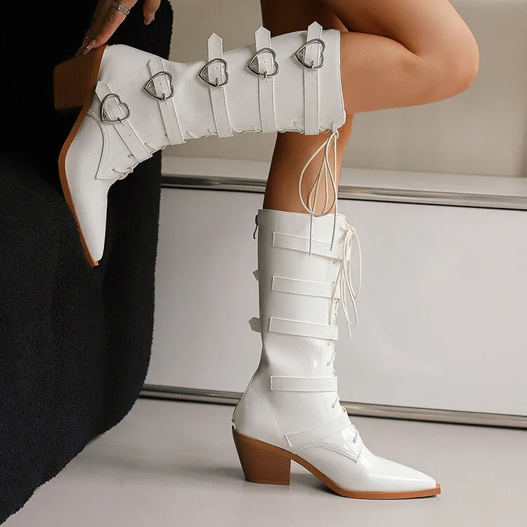 Tillbuy Heart Buckle Knee High Boots