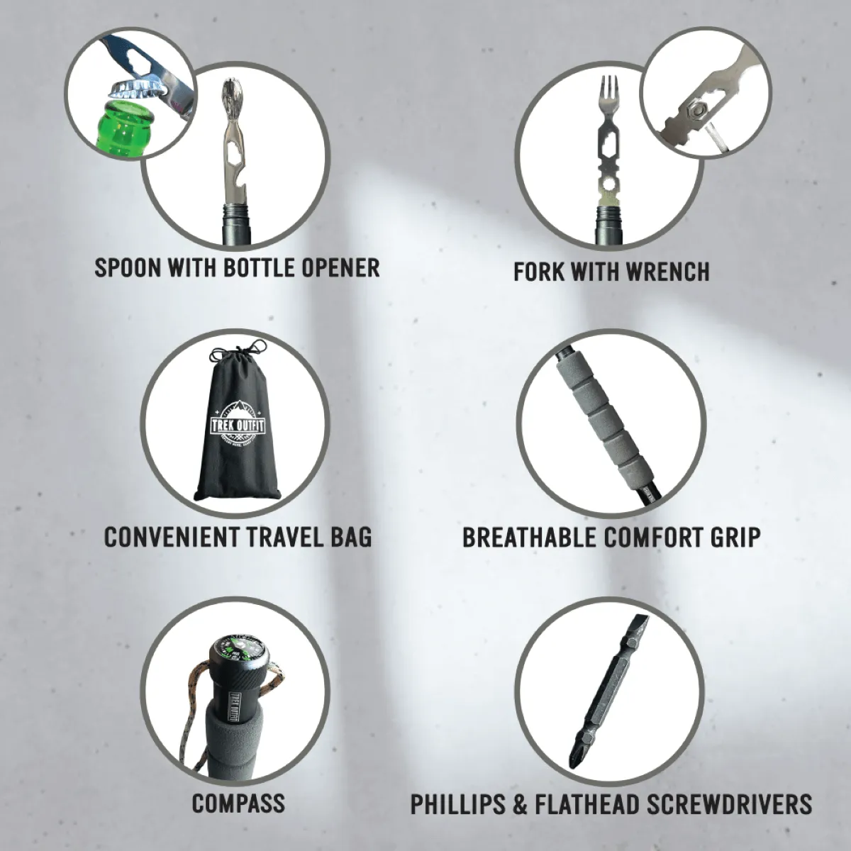 Trek Outfit 17-in-1 Tactical Trekking Poles with Survival Tools and Rubber Tips
