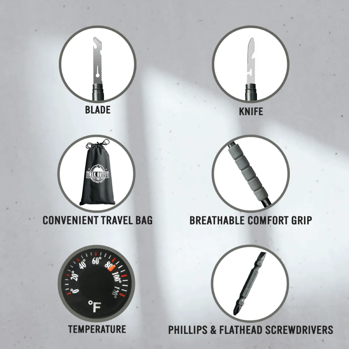 Trek Outfit 17-in-1 Tactical Trekking Poles with Survival Tools and Rubber Tips
