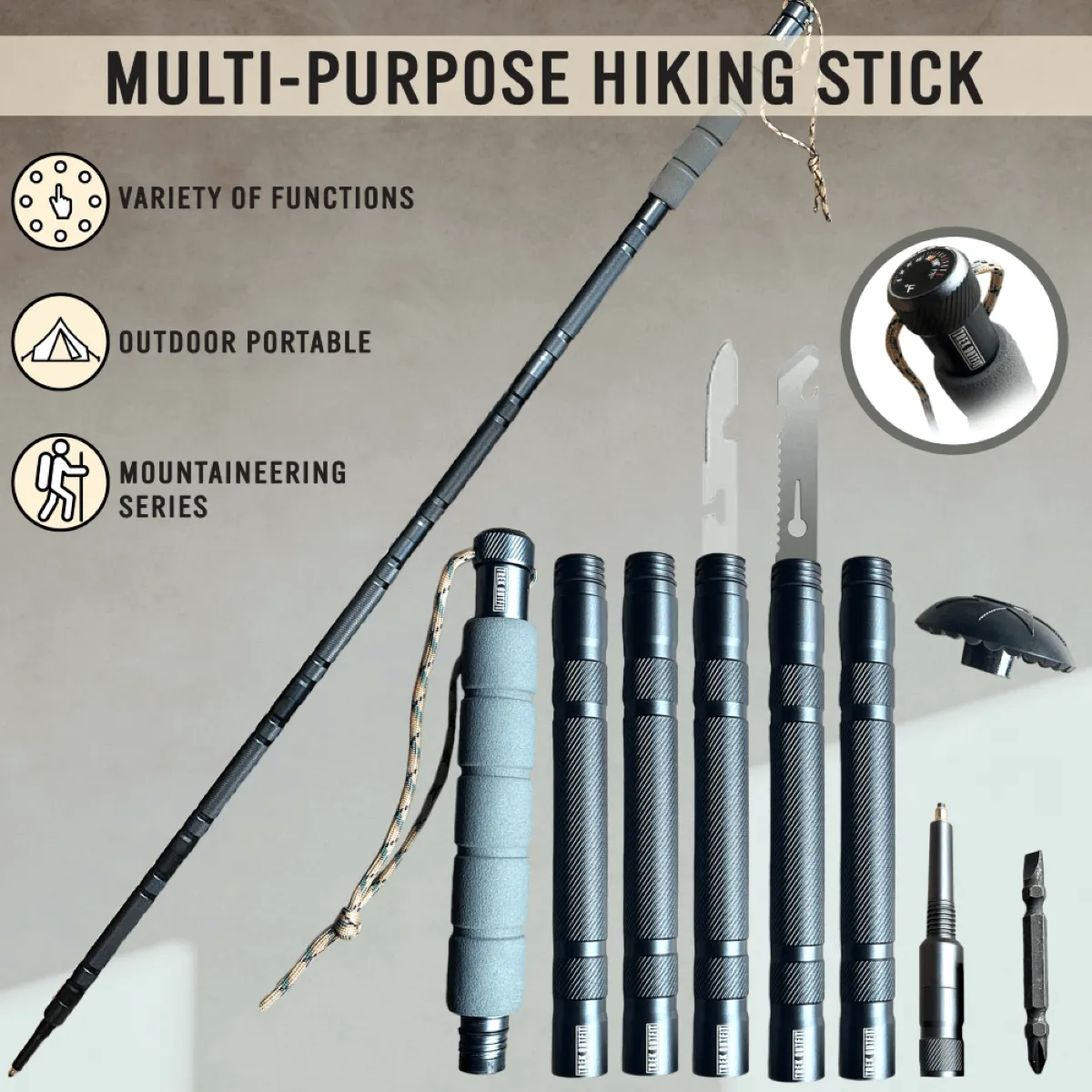 Trek Outfit 17-in-1 Tactical Trekking Poles with Survival Tools and Rubber Tips