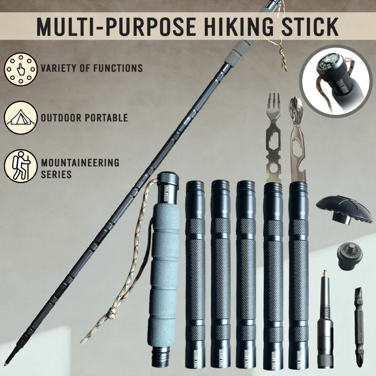 Trek Outfit 17-in-1 Tactical Trekking Poles with Survival Tools and Rubber Tips