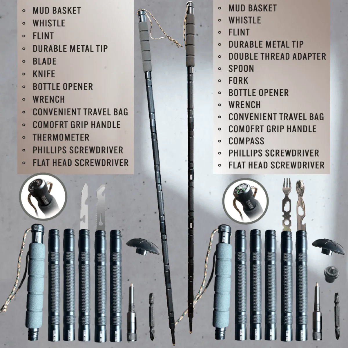 Trek Outfit 17-in-1 Tactical Trekking Poles with Survival Tools and Rubber Tips