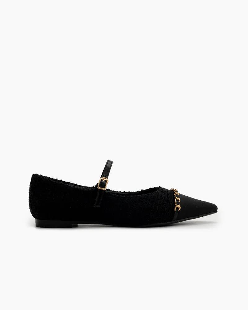 Tweed Pointed Toe Slip on Ballet Mary Jane Flats
