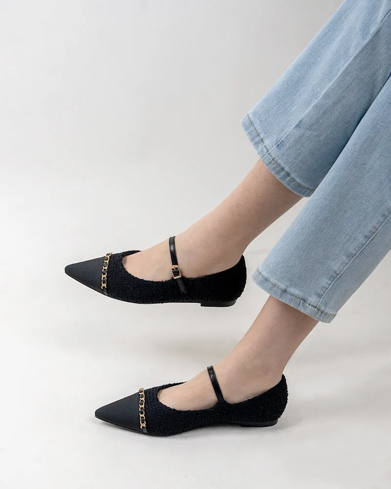 Tweed Pointed Toe Slip on Ballet Mary Jane Flats